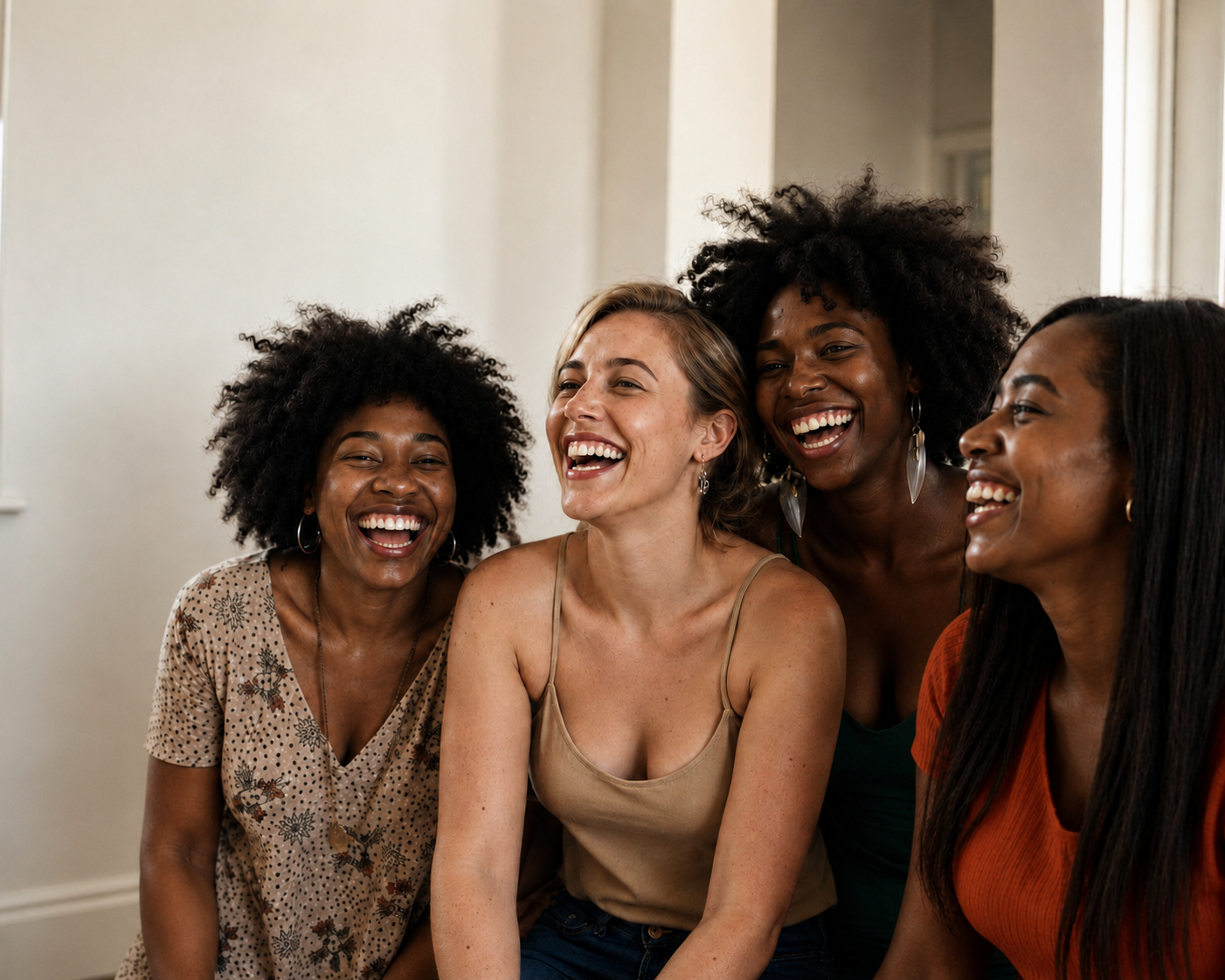 Mujeres diversas riendo juntas en un espacio luminoso